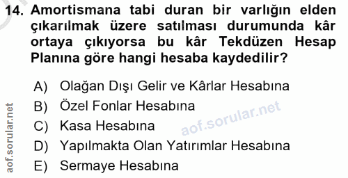 14. soru: Amortismana tabi duran bir varlığın elden çıkarılmak üzere satılması durumunda kâr ortaya çıkıyorsa bu kâr Tekdüzen H…