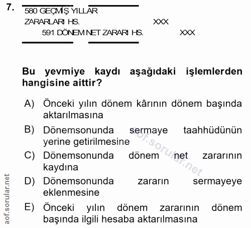 7. soru: 580 GEÇMİŞ YILLAR ZARARLARI HS. xxx 591 DÖNEM NET ZARARI HS. xxx Bu yevmiye kaydı aşağıdaki işlemlerden hangisine ait…