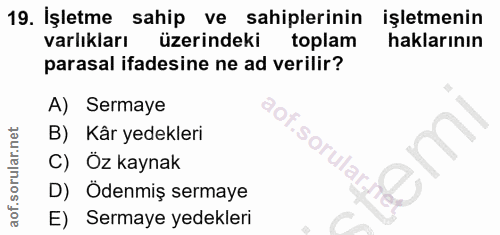 19. soru: İşletme sahip ve sahiplerinin işletmenin varlıkları üzerindeki toplam haklarının parasal ifadesine ne ad verilir? A)…