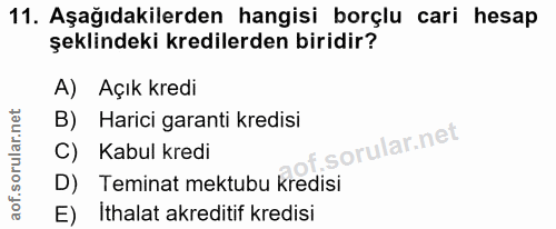 11. soru: Aşağıdakilerden hangisi borçlu cari hesap şeklindeki kredilerden biridir? A) Açık kredi B) Harici garanti kredisi C)…