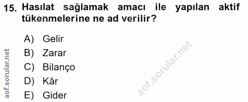 15. soru: Hasılat sağlamak amacı ile yapılan aktif tükenmelerine ne ad verilir? A) Gelir B) Zarar C) Bilanço D) Kâr E) Gider