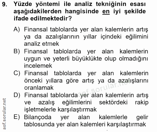 9. soru: Yüzde yöntemi ile analiz tekniğinin esası aşağıdakilerden hangisinde en iyi şekilde ifade edilmektedir? A) Finansal t…