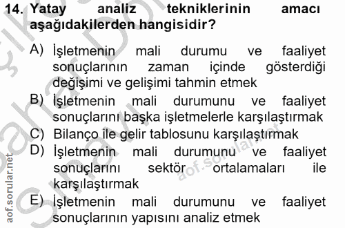 14. soru: Yatay analiz tekniklerinin amacı aşağıdakilerden hangisidir? A) İşletmenin mali durumu ve faaliyet sonuçlarının zaman…