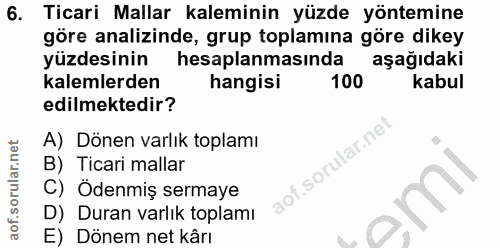 6. soru: Ticari Mallar kaleminin yüzde yöntemine göre analizinde, grup toplamına göre dikey yüzdesinin hesaplanmasında aşağıda…