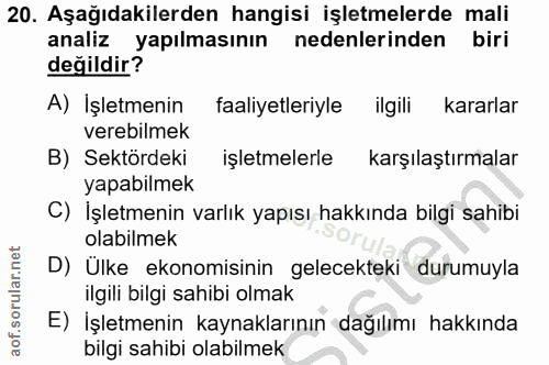 20. soru: Aşağıdakilerden hangisi işletmelerde mali analiz yapılmasının nedenlerinden biri değildir? A) İşletmenin faaliyetleri…