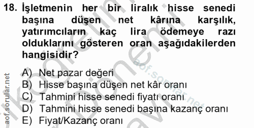 18. soru: İşletmenin her bir, liralık hisse senedi başına düşen net kârına karşılık, yatırımcıların kas lira ödemeye razı olduk…