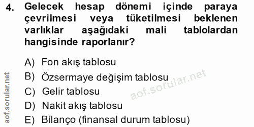 4. soru: Gelecek hesap dönemi içinde paraya çevrilmesi veya tüketilmesi beklenen varlıklar aşağıdaki mali tablolardan hangisin…