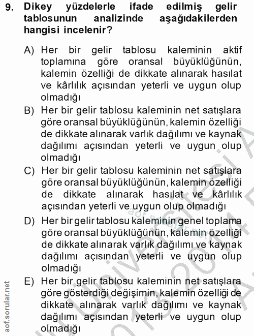 9. soru: Dikey yüzdelerle ifade edilmiş gelir tablosunun analizinde aşağıdakilerden hangisi incelenir? A) Her bir gelir tablos…