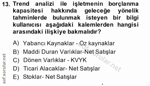 13. soru: Trend analizi ile işletmenin borçlanma kapasitesi hakkında geleceğe yönelik tahminlerde bulunmak isteyen bir bilgi ku…