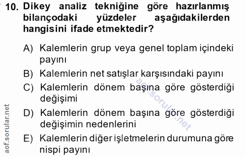 10. soru: Dikey analiz tekniğine göre hazırlanmış bilançodaki yüzdeler aşağıdakilerden hangisini ifade etmektedir? A) Kalemleri…