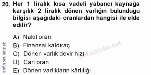 20. soru: Her 1 liralık kısa vadeli yabancı kaynağa karşılık 2 liralık dönen varlığın bulunduğu bilgisi aşağıdaki oranlardan ha…