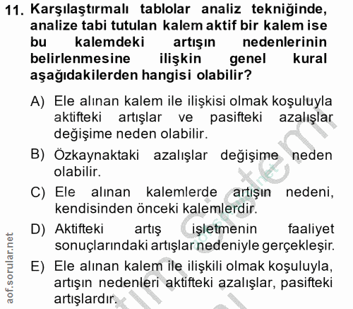 11. soru: Karşılaştırmalı tablolar analiz tekniğinde, analize tabi tutulan kalem aktif bir kalem ise bu kalemdeki artışın neden…
