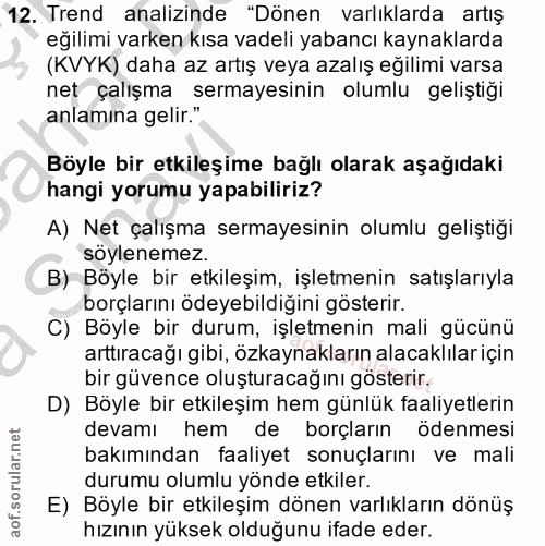 12. soru: Trend analizinde "Dönen varlıklarda artış eğilimi varken kısa vadeli yabancı kaynaklarda (KVYK) daha az artış veya az…