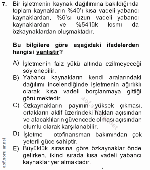 7. soru: Bir işletmenin kaynak dağılımına bakıldığında toplam kaynakların %40 ı kısa vadeli yabancı kaynaklardan, %6'sı uzun v…