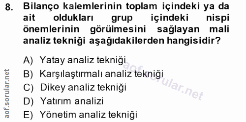 8. soru: Bilanço kalemlerinin toplam içindeki ya da ait oldukları grup içindeki nispi önemlerinin görülmesini sağlayan mali an…