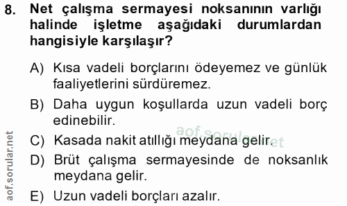 8. soru: Net çalışma sermayesi noksanının varlığı halinde işletme aşağıdaki durumlardan hangisiyle karşılaşır? A) Kısa vadeli…