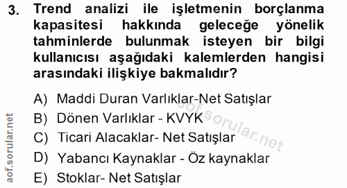 3. soru: mi l Trend analizi ile işletmenin borçlanma kapasitesi hakkında geleceğe yönelik tahminlerde bulunmak isteyen bir bil…