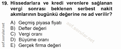 19. soru: Hissedarlara ve kredi verenlere sağlanan vergi sonrası beklenen serbest nakit akımlarının bugünkü değerine ne ad veri…
