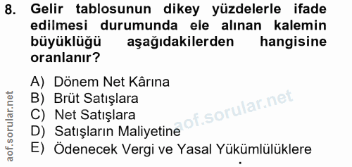 8. soru: Gelir tablosunun dikey yüzdelerle ifade edilmesi durumunda ele alınan kalemin büyüklüğü aşağıdakilerden hangisine ora…
