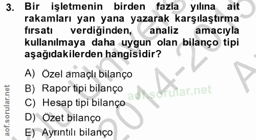3. soru: Bir işletmenin birden fazla yılına ait rakamları yan yana yazarak karşılaştırma firsatı verdiğinden, analiz amacıyla…