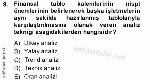 9. soru: Finansal tablo kalemlerinin nispi önemlerinin belirlenerek başka işletmelerin aynı şekilde hazırlanmış tablolarıyla k…