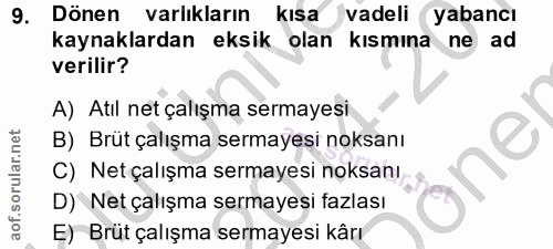 9. soru: Dönen varlıkların kısa vadeli (yabancı kaynaklardan eksik olan kısmına ne ad verilir? A) Atıl net çalışma sermayesi B…