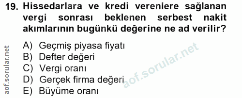 19. soru: Hissedarlara ve kredi verenlere sağlanan vergi sonrası beklenen serbest nakit akımlarının bugünkü değerine ne ad veri…