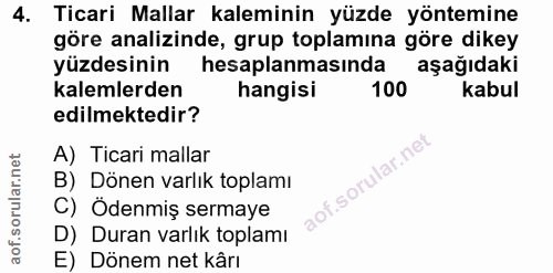 4. soru: Ticari Mallar kaleminin yüzde yöntemine göre analizinde, grup toplamına göre dikey yüzdesinin hesaplanmasında aşağıda…