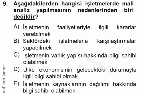 9. soru: Aşağıdakilerden hangisi işletmelerde mali analiz yapılmasının nedenlerinden biri değildir? A) İşletmenin faaliyetleri…