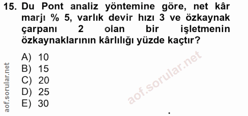 15. soru: Du Pont analiz yöntemine göre, net kâr marjı % 5, varlık devir hızı 3 ve özkaynak çarpanı olan bir işletmenin özkayna…