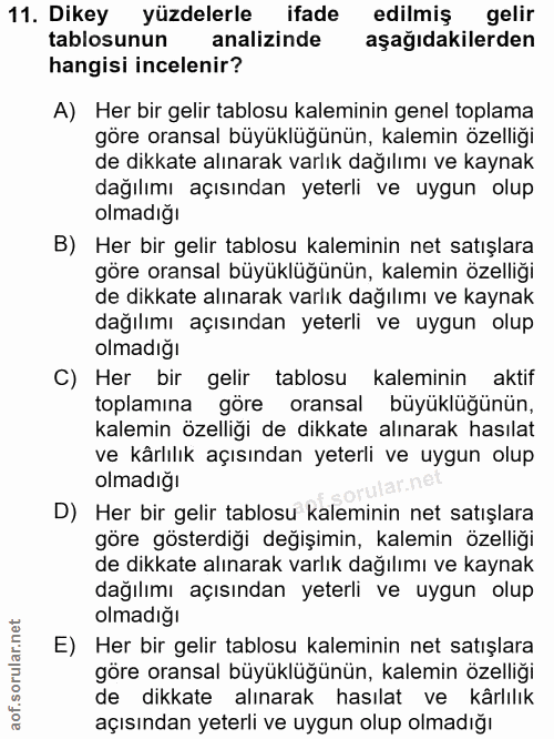 11. soru: Dikey yüzdelerle ifade edilmiş gelir tablosunun analizinde aşagıdakilerden hangisi incelenir? A) Her bir gelir tablos…