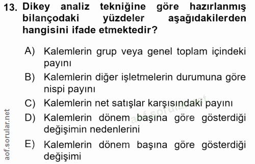 13. soru: Dikey analiz tekniğine göre hazırlanmış bilançodaki yüzdeler aşağıdakilerden hangisini ifade etmektedir? A) Kalemleri…