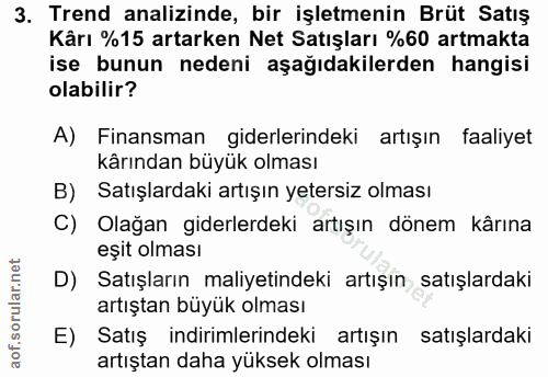 3. soru: Trend analizinde, bir işletmenin Brüt Satış Kârı %15 artarken Net Satışları %60 artmakta ise bunun nedeni aşağıdakile…