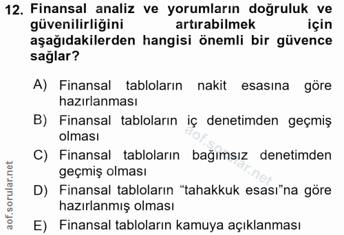 12. soru: Finansal analiz ve yorumların doğruluk ve güvenilirliğini artırabilmek için aşağıdakilerden hangisi önemli bir güvenc…