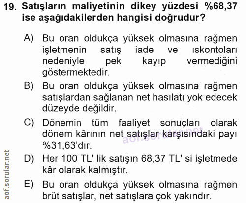 19. soru: Satışların maliyetinin dikey yüzdesi %68,37 ise aşağıdakilerden hangisi doğrudur? A) Bu oran oldukça yüksek olmasına…