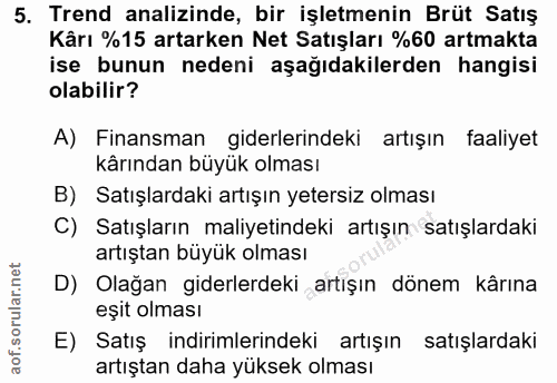 5. soru: Trend analizinde, bir işletmenin Brüt Satış Kârı %15 artarken Net Satışları %60 artmakta ise bunun nedeni aşağıdakile…