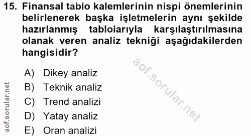 15. soru: Finansal tablo kalemlerinin nispi önemlerinin belirlenerek başka işletmelerin aynı şekilde hazırlanmış tablolarıyla k…