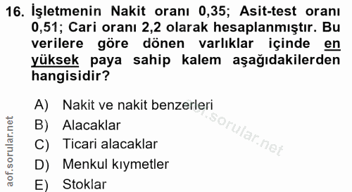 16. soru: İşletmenin Nakit oranı 0,35; Asit-test oranı 0,51; Cari oranı 2,2 olarak hesaplanmıştır. Bu verilere göre dönen varlı…