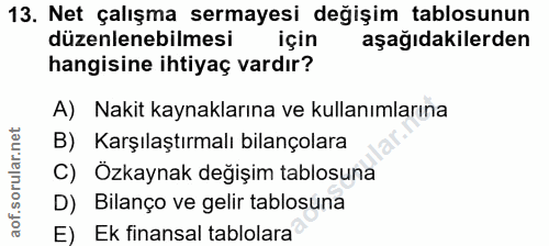 13. soru: Net çalışma sermayesi değişim tablosunun düzenlenebilmesi için aşağıdakilerden hangisine ihtiyaç vardır? A) Nakit kay…