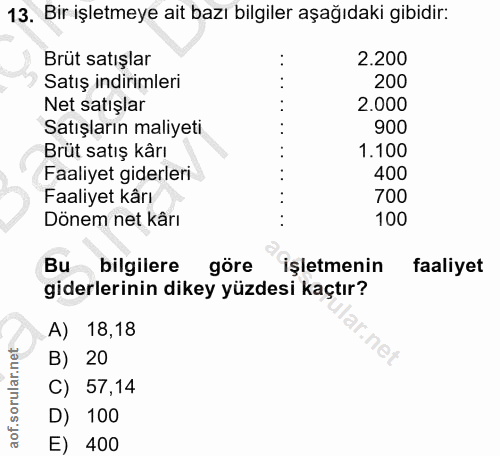 13. soru: Bir işletmeye ait bazı bilgiler aşağıdaki gibidir: Brüt satışlar 2.200 Satış indirimleri 200 Net satışlar 2.000 Satış…