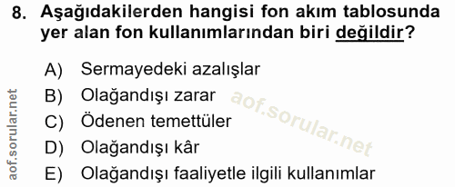 8. soru: Aşağıdakilerden hangisi fon akım tablosunda yer alan fon kullanımlarından biri değildir? By Olagandişı zarar dot. A)…