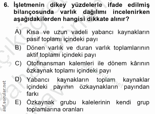 6. soru: İşletmenin dikey yüzdelerle ifade edilmiş bilançosunda varlık dağılımı incelenirken aşağıdakilerden hangisi dikkate a…