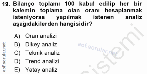 19. soru: Bilanço toplamı 100 kabul edilip her bir kalemin toplama olan oranı hesaplanmak isteniyorsa yapılmak istenen analiz a…