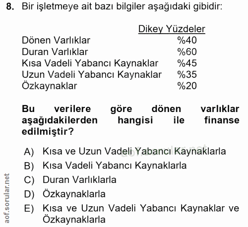 8. soru: Bir işletmeye ait bazı bilgiler aşağıdaki gibidir: Dikey Yüzdeler Dönen Varlıklar %40 Duran Varlıklar %60 Kısa Vadeli…