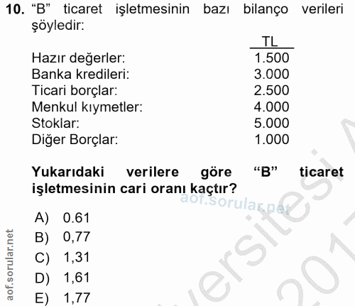 10. soru: "B" ticaret işletmesinin bazı bilanço verileri şöyledir: TL Hazır değerler: 1.500 Banka kredileri: 3.000 Ticari borçl…