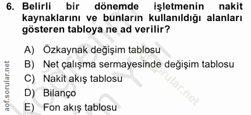 6. soru: Belirli bir dönemde işletmenin nakit kaynaklarını ve bunların kullanıldığı alanları gösteren tabloya ne ad verilir? A…