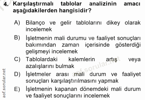 4. soru: Karşılaştırmalı tablolar analizinin amacı aşağıdakilerden hangisidir? A) Bilanço ve gelir tablolarını dikey olarak in…