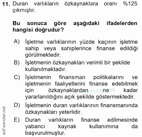 11. soru: Duran varlıkların özkaynaklara oranı %125 çıkmıştır. Bu sonuca göre aşağıdaki ifadelerden hangisi doğrudur? A) İşletm…