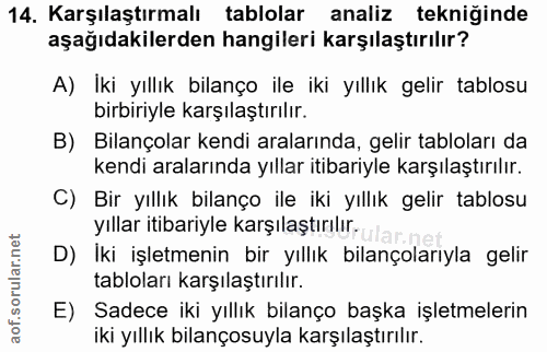 14. soru: Karşılaştırmalı tablolar analiz tekniğinde aşağıdakilerden hangileri karşılaştırılır? A) Iki yıllık bilanço ile iki y…