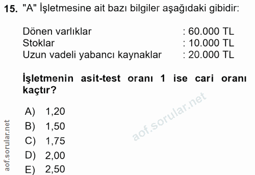 15. soru: "A" İşletmesine ait bazı bilgiler aşağıdaki gibidir: Dönen varlıklar : 60.000 TL Stoklar : 10.000 TL Uzun vadeli yaba…